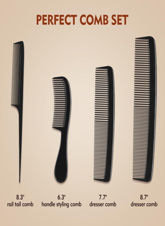CdbC 4 Piece Professional Black Comb Set for Men and Women-Fine Tooth, Rat Tail, Beard and Mustache Combs-Parting and Teasing Tools for All Hair Types - Image 2